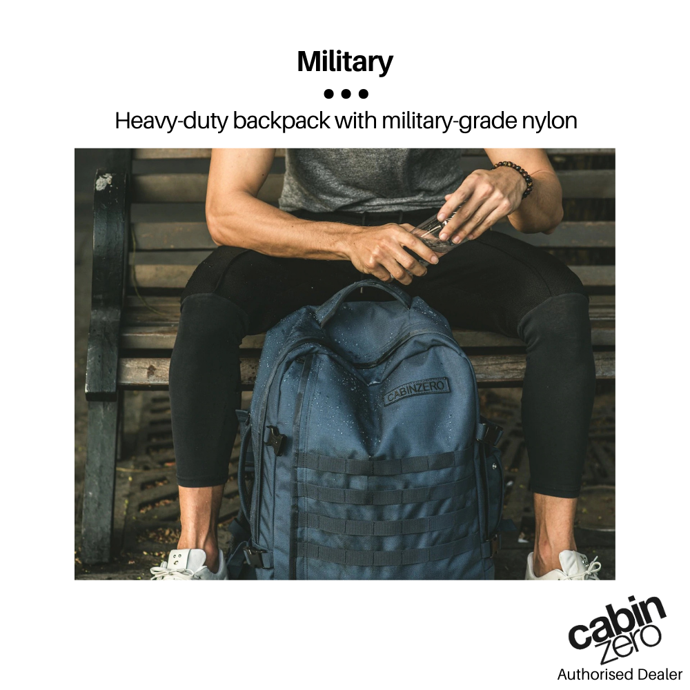 CabinZero Military Backpack 28L military-grade nylon, heavy-duty water-resistant bag shown in outdoor lifestyle setting, ideal for travel and everyday use