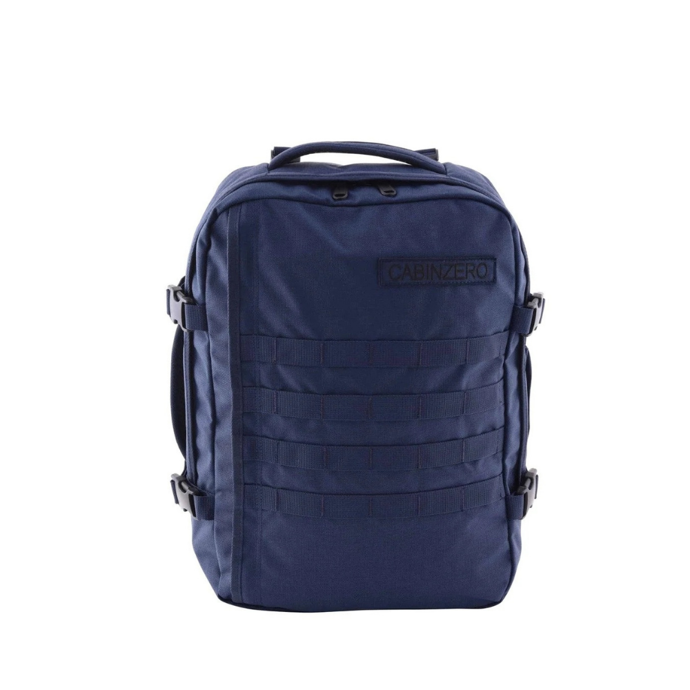 CabinZero Military 28L backpack in navy blue, rugged travel gear for outdoor use and everyday commuting