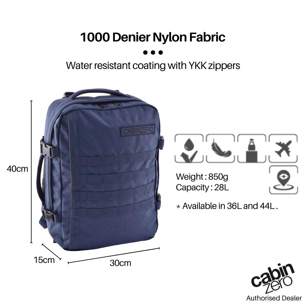 CabinZero Military Backpack 28L in navy blue, features 1000 denier nylon, water-resistant coating, YKK zippers, lightweight 850g, 40x30x15cm dimensions, available in 36L and 44L sizes