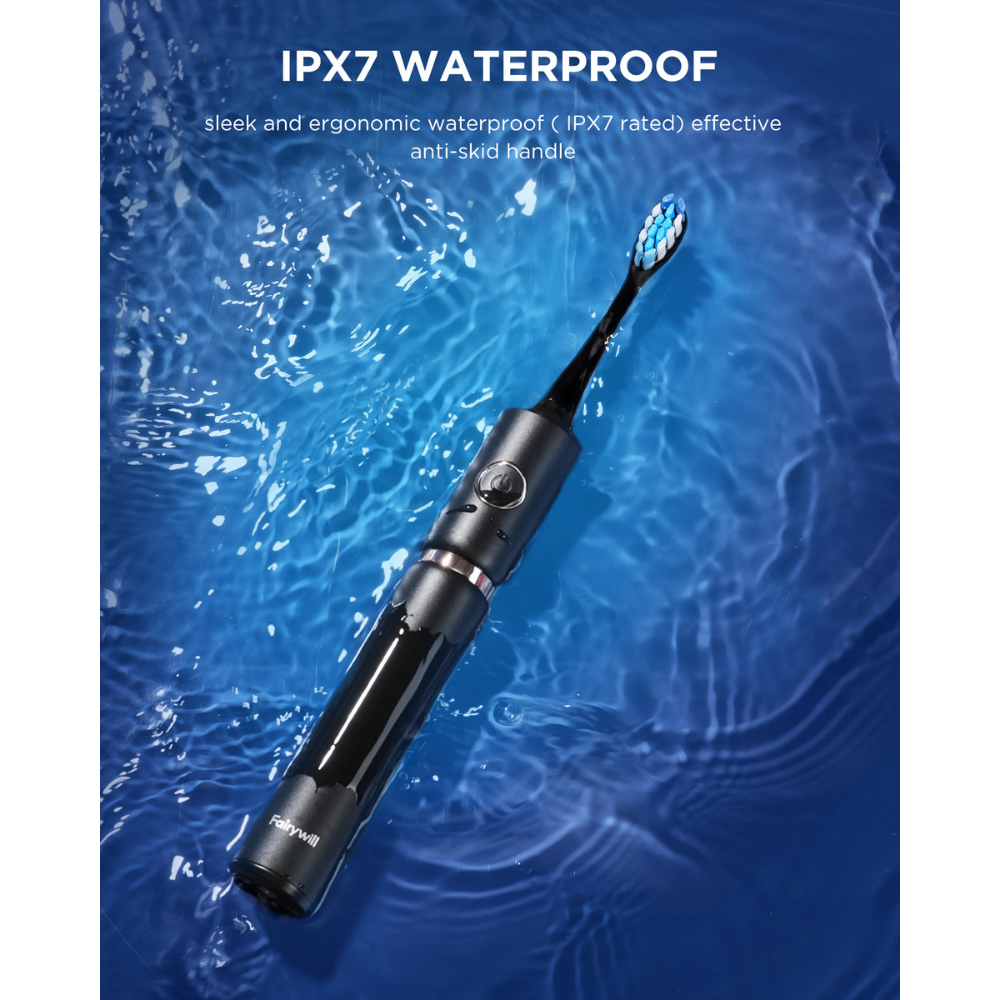 Fairywill P11 black sonic toothbrush showing IPX7 waterproof rating and anti-skid handle in water