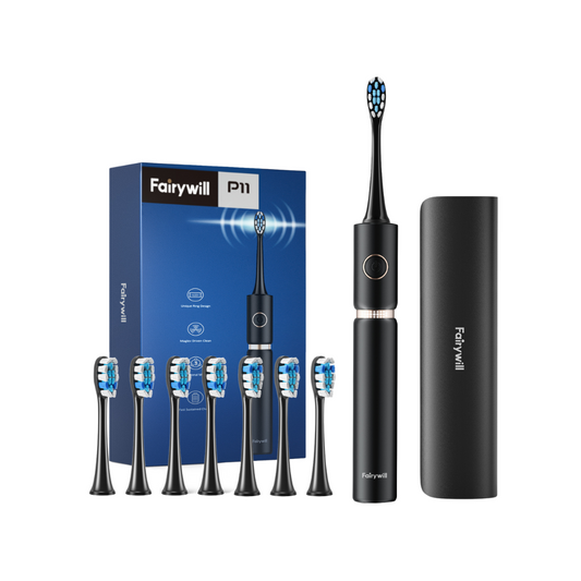 Fairywill P11 black sonic electric toothbrush set with 8 brush heads, travel case, and retail packaging