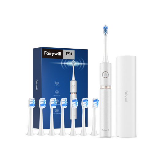 Fairywill P11 white sonic electric toothbrush set with 8 brush heads, travel case, and retail packaging