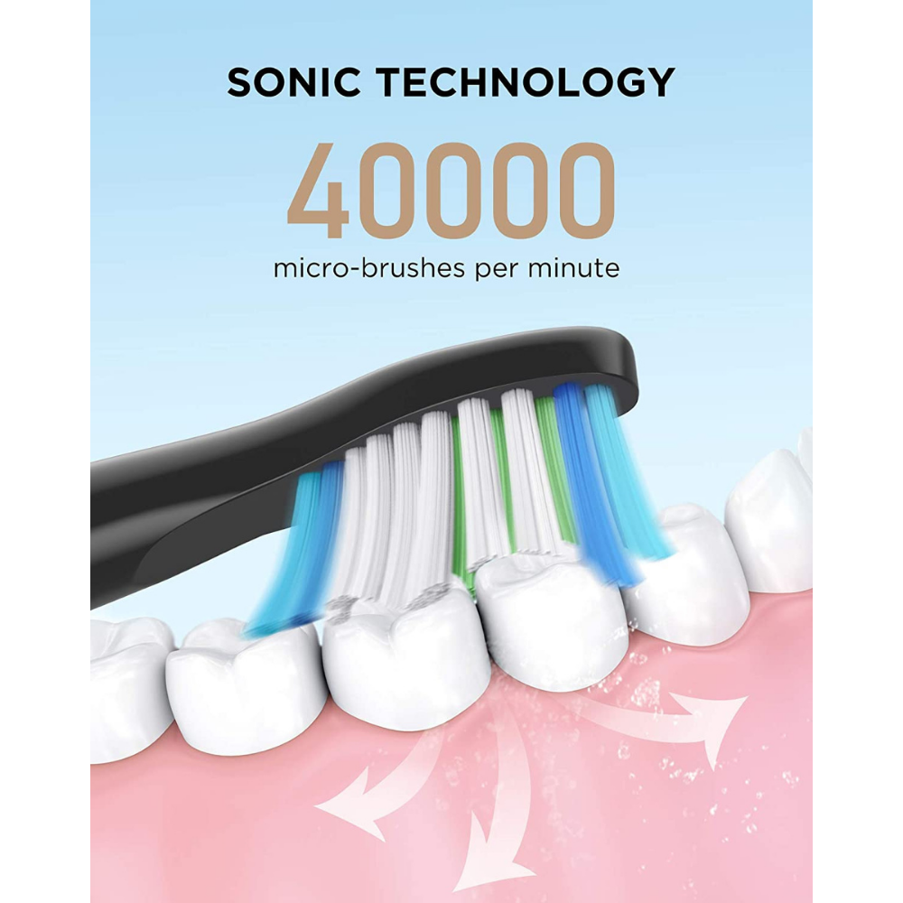Fairywill sonic toothbrush head brushing teeth, demonstrating 40,000 micro-brushes per minute cleaning action