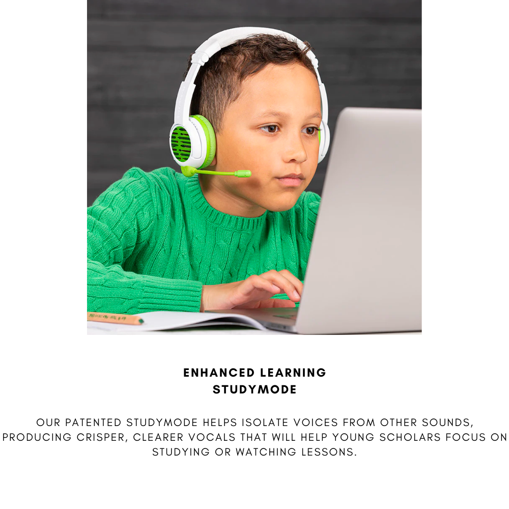 Child in a bright green sweater wearing white and green over-ear headphones, studying at a laptop with an open notebook on the desk; text below highlights StudyMode for clearer vocals during learning
