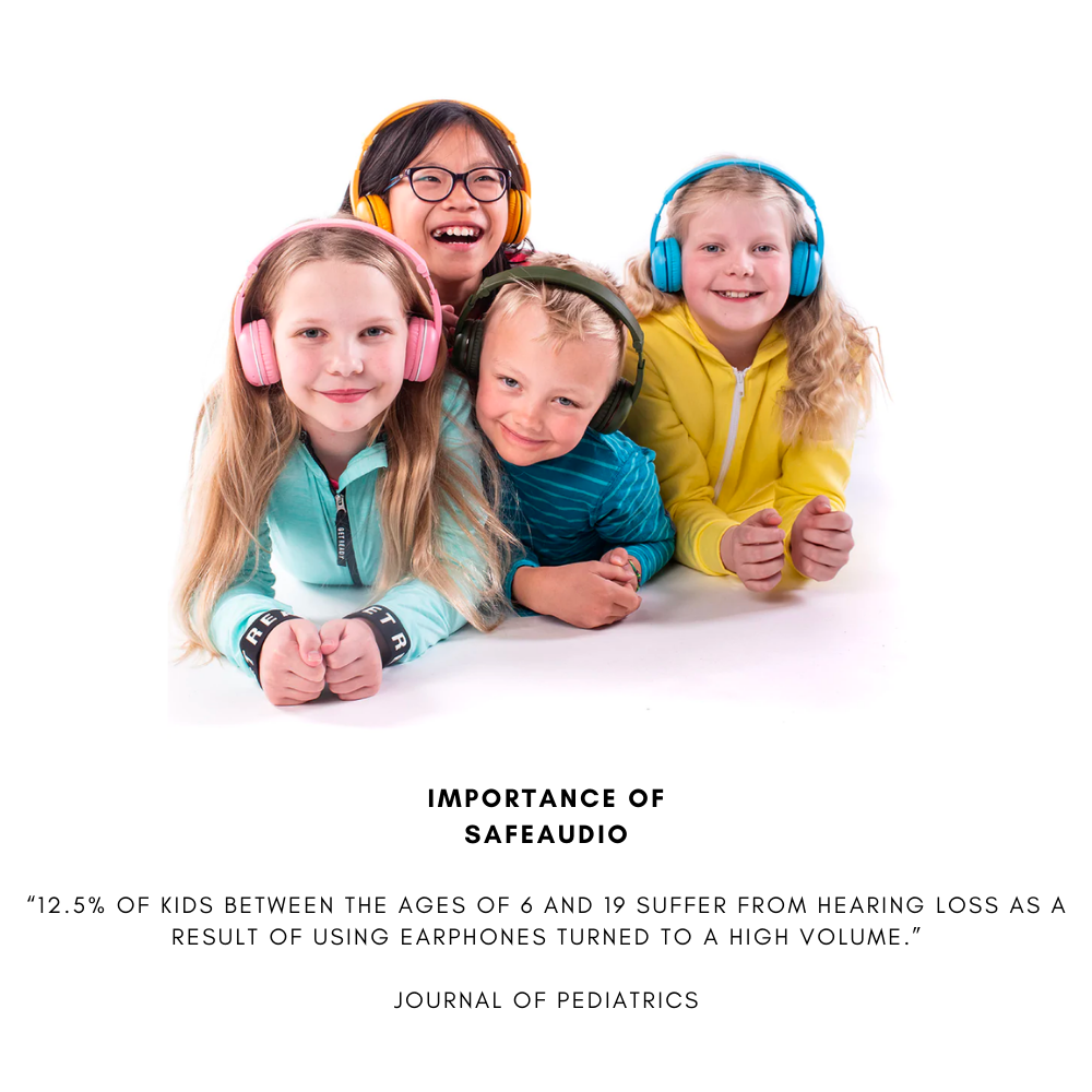 Four children lying side by side on the floor, each wearing brightly colored over-ear headphones in pink, yellow, green, and blue, dressed in casual pastel and primary color clothing; text below highlights the importance of SafeAudio and a statistic about hearing loss from high-volume earphone use.