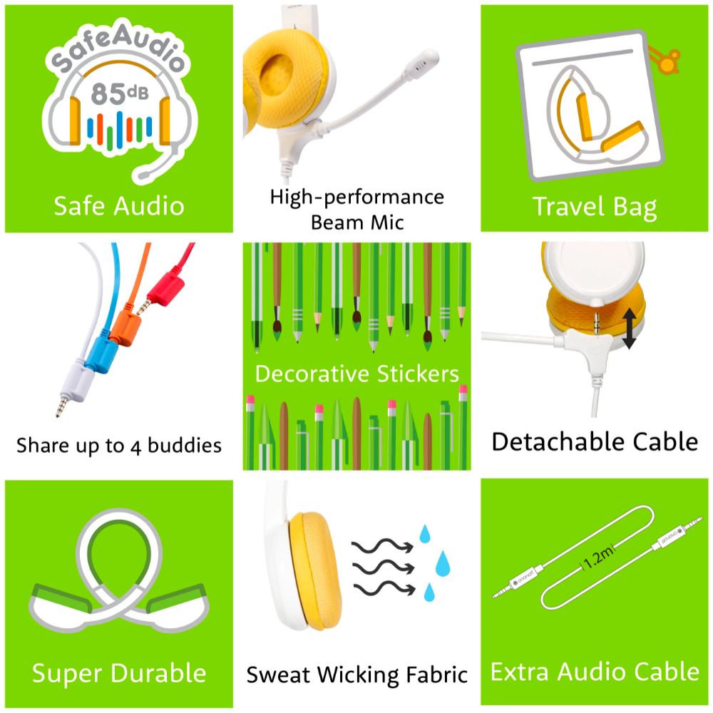 Grid of illustrated icons and photos highlighting kids’ headphones features: SafeAudio 85dB volume limit, high-performance beam microphone, travel bag, shareable audio for up to 4 buddies, decorative stickers, detachable cable, super durable design, sweat-wicking fabric, and extra 1.2m audio cable