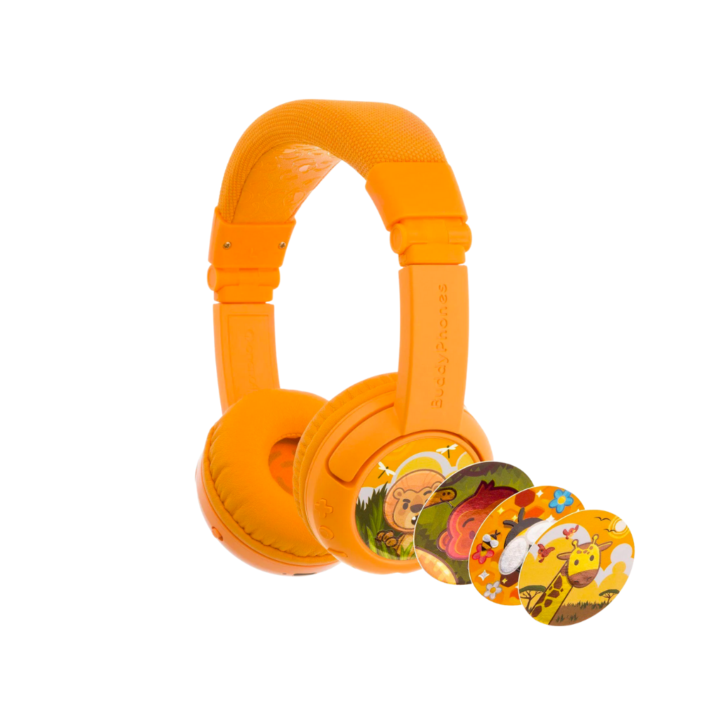 Bright orange over-ear kids’ headphones with a cushioned headband, shown with four interchangeable decorative discs featuring cartoon jungle animals, including a bear, lion, elephant, and giraffe.