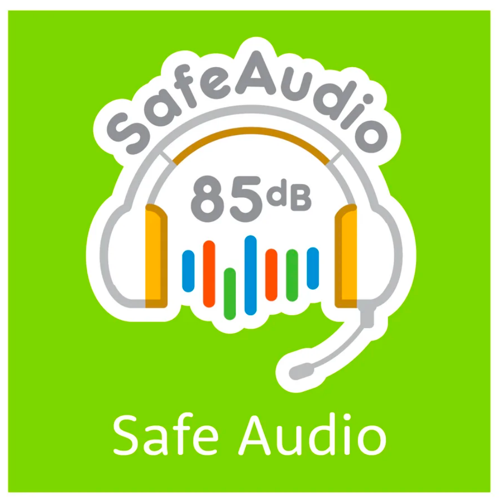 Illustration of yellow and gray headphones with a microphone, displaying "SafeAudio 85dB" and colorful sound bars, on a bright green background with the text "Safe Audio" below