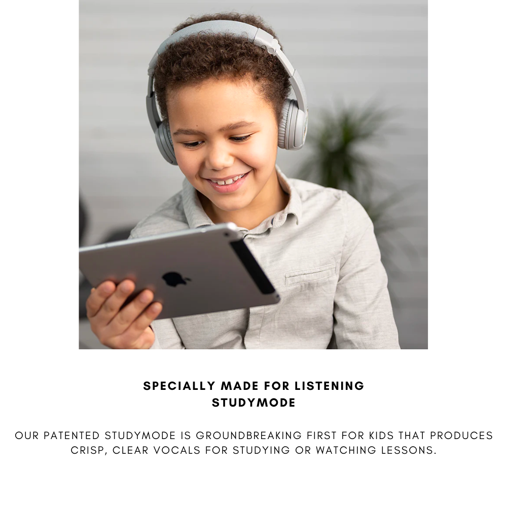 Child wearing silver over-ear headphones and a light gray shirt, holding an iPad while studying in a bright indoor setting with a plant in the background; text below highlights StudyMode for clear vocals during lessons