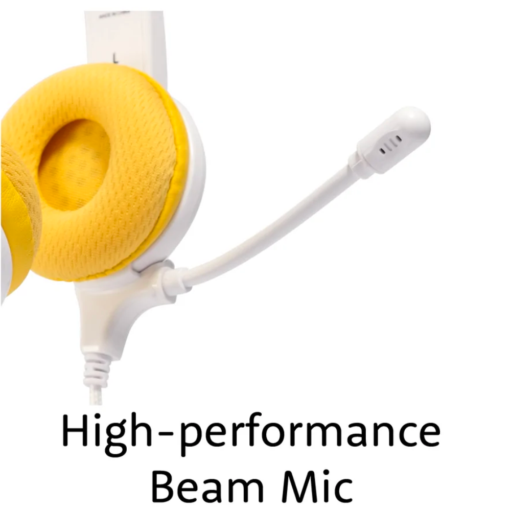 Close-up of white and yellow over-ear headphones featuring a detachable high-performance beam microphone, with breathable mesh ear cushions, shown on a white background