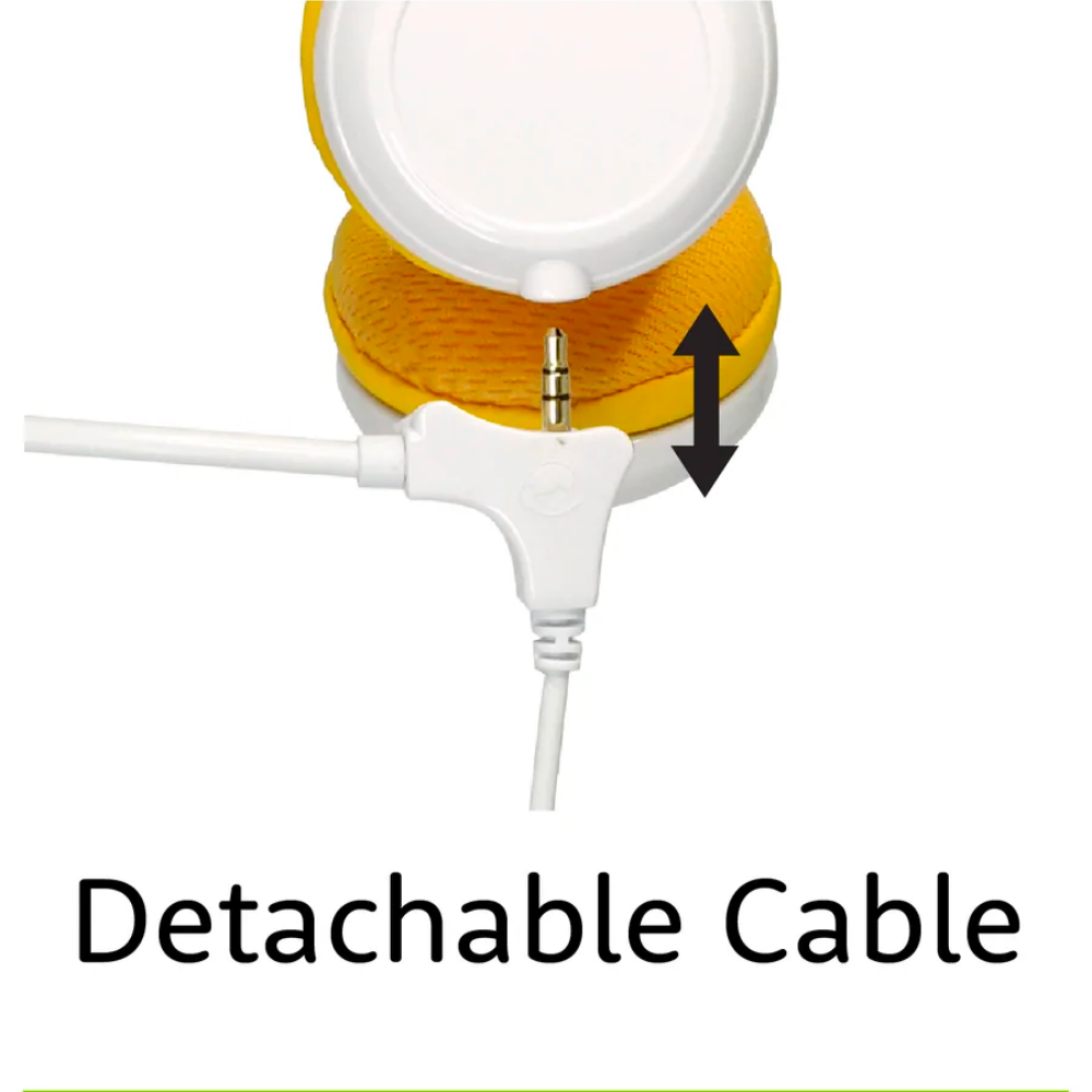 Close-up of a white and yellow headphone earcup showing a detachable audio cable being inserted, with an arrow indicating the cable’s removability; text reads “Detachable Cable.”