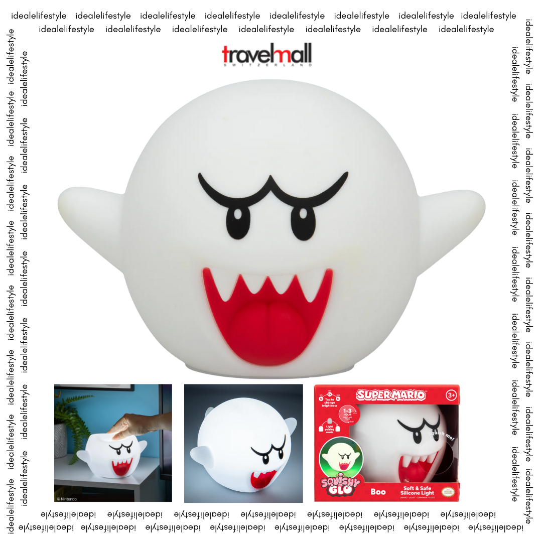 Super Mario “Boo” SquishyGlo rechargeable silicone light, 14 cm soft squishy design with multiple brightness levels and auto‑off timer.