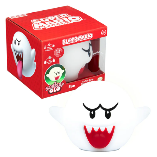 Super Mario “Boo” SquishyGlo rechargeable silicone light, 14 cm soft squishy design with multiple brightness levels and auto‑off timer.