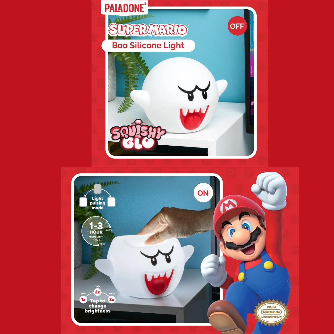 Super Mario “Boo” SquishyGlo rechargeable silicone light, 14 cm soft squishy design with multiple brightness levels and auto‑off timer.