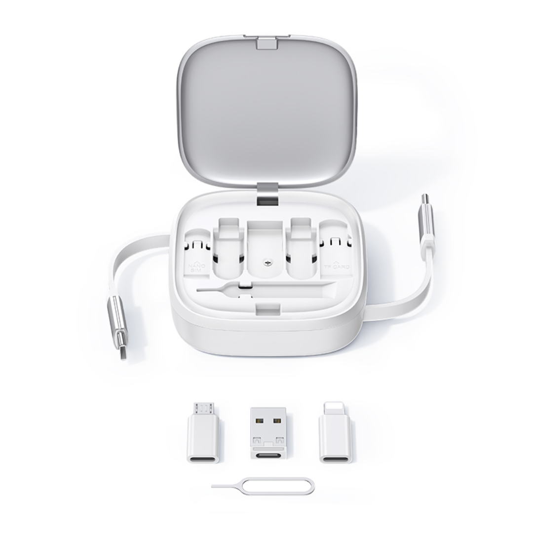 Inside view of USAMS U87 multifunctional storage box showing 6-in-1 charging cable and adapters