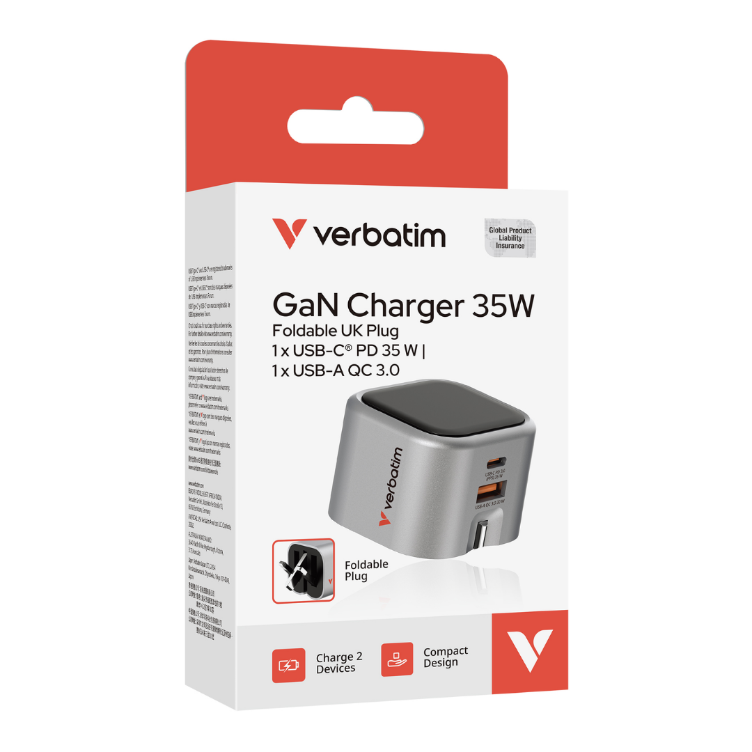 Verbatim GCF35 35W GaN Charger | Dual Port USB-C PD 3.0 & USB-A QC 3.0 | Ultra-Compact Foldable UK Plug | PPS Super Fast Charging for Phones & Tablets - Buy Now!