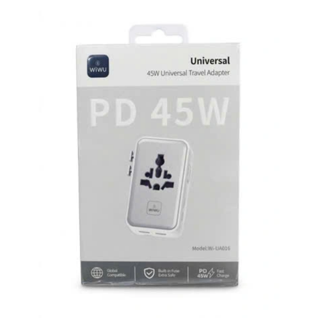 WiWU Wi-UA016 Universal Travel Adapter Charger 45W PD GaN III Fast Charge 2x USB-C 2x USB-A Multi Country Plug 8A Fuse