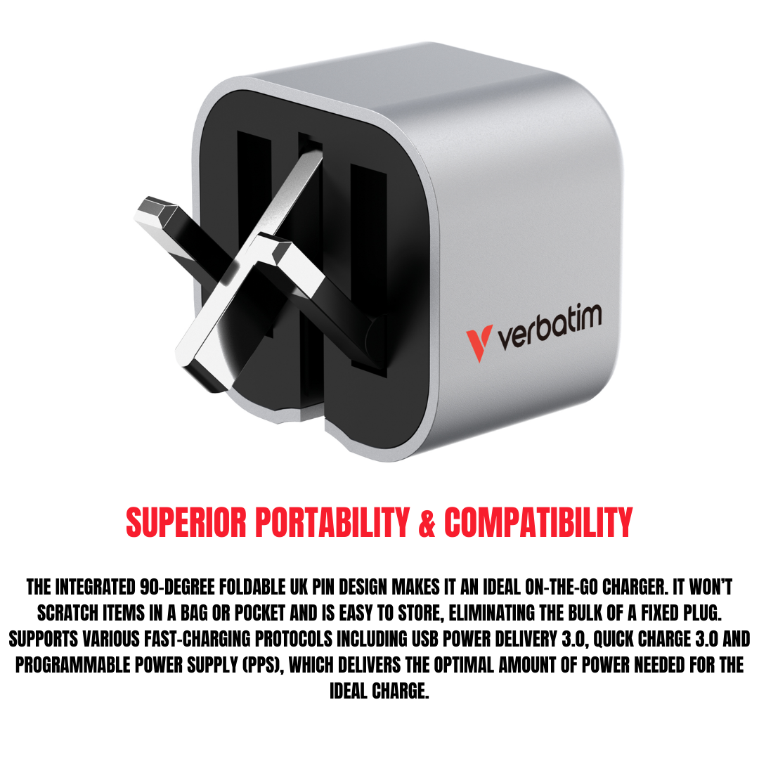 Verbatim GCF35 35W GaN Charger | Dual Port USB-C PD 3.0 & USB-A QC 3.0 | Ultra-Compact Foldable UK Plug | PPS Super Fast Charging for Phones & Tablets - Buy Now!