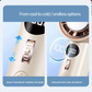 Close-up of a portable bladeless handheld fan with digital display, showing adjustable airflow control wheel and battery level indicator. The fan offers customizable cooling from cool to cold, making it ideal for personal comfort and travel.