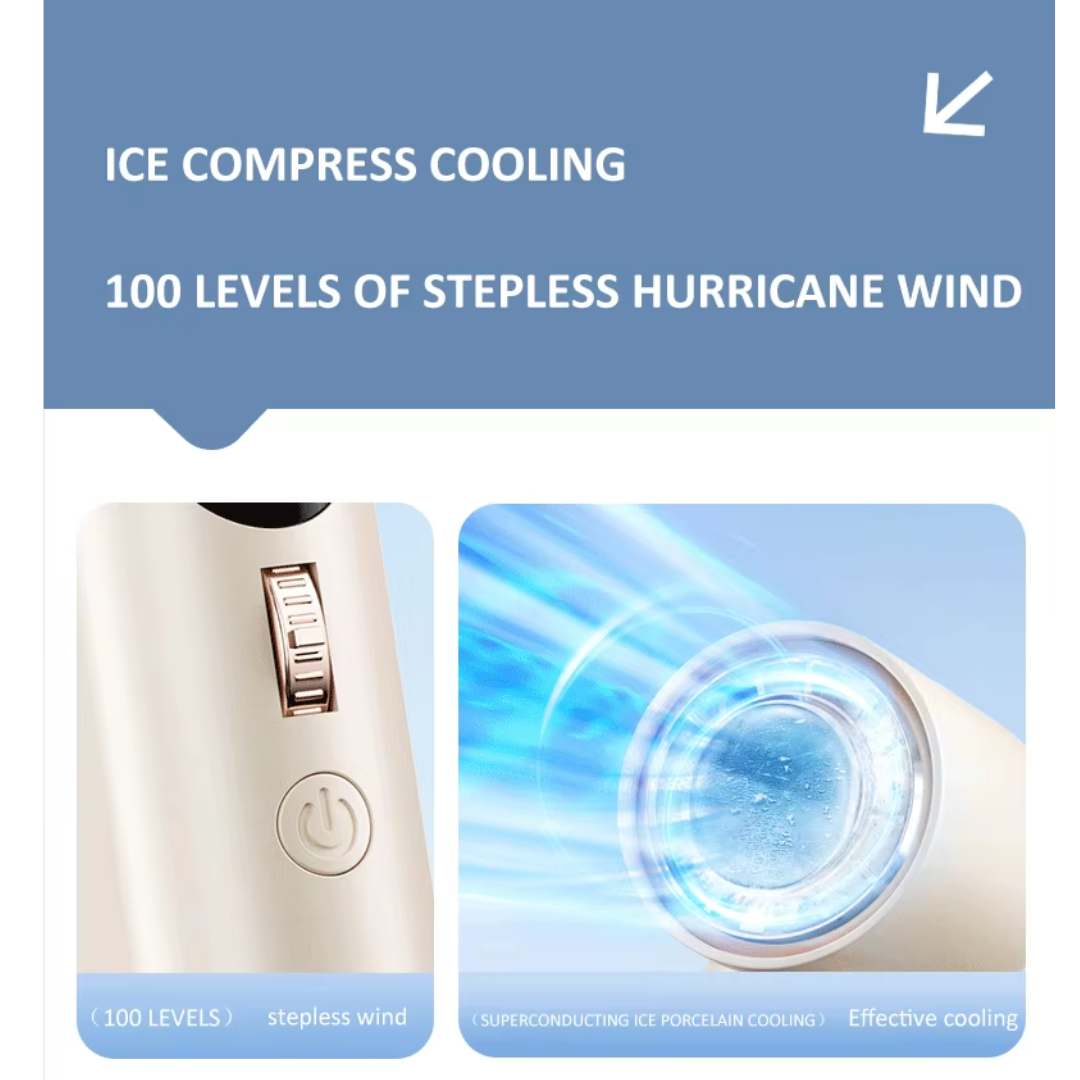 Close-up of a bladeless portable fan featuring ice compress cooling technology and 100 levels of stepless hurricane wind, with adjustable control wheel and effective superconducting ice porcelain cooling for powerful personal comfort.