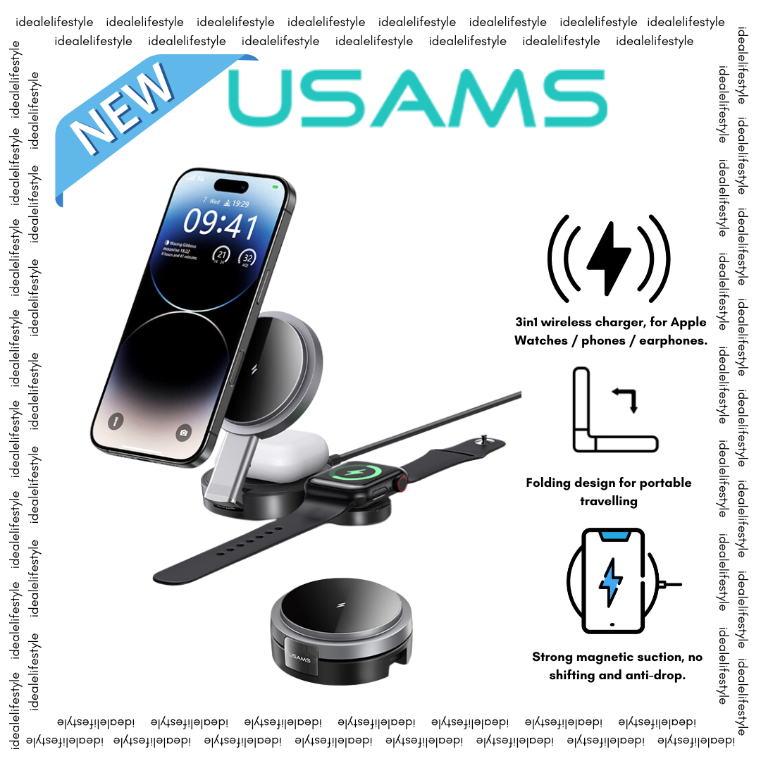 USAMS CD234 Phone / Watch / Earphone 3-in-1 Magnetic Wireless Charger Stand Foldable Fast Charging Dock