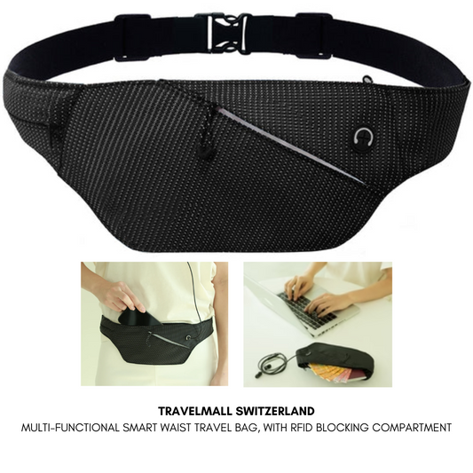 TRAVELMALL SWITZERLAND MULTI-FUNCTIONAL SMART WAIST TRAVEL BAG, WITH RFID BLOCKING COMPARTMENT