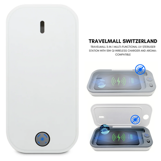 TRAVELMALL SWITZERLAND 3-IN-1 MULTI-FUNCTIONAL UV STERILISER STATION WITH 10W QI WIRELESS CHARGER AND AROMA-COMPATIBLE