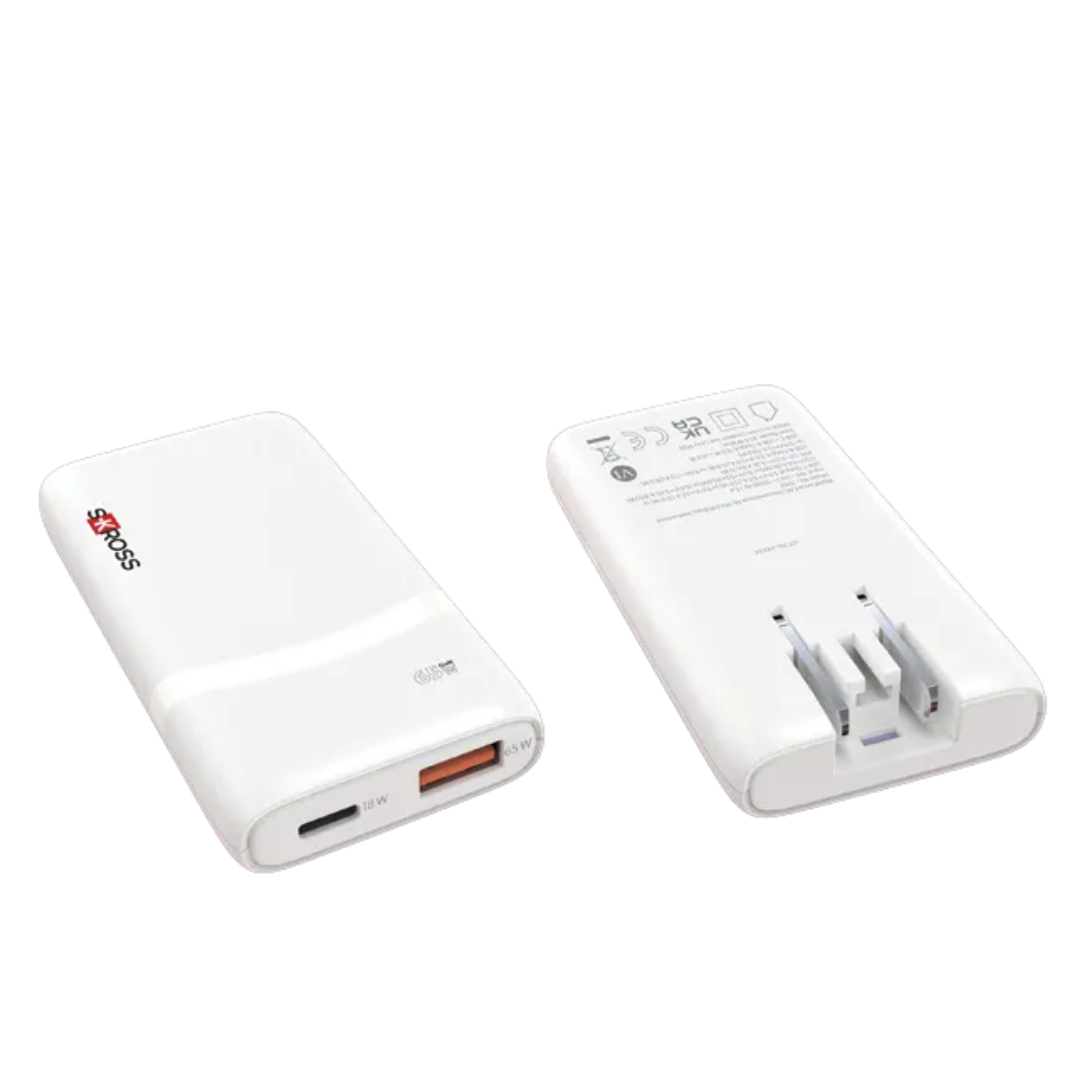 SKROSS Klip Slim Multihead 65W GaN Travel Charger | Ultra-Thin 12mm Dual Port (US/UK/EU Plugs)
