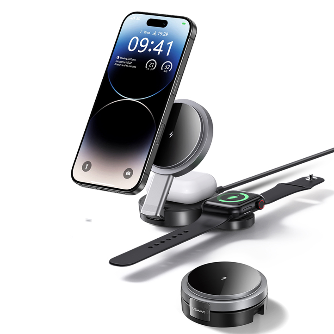 USAMS CD234 Phone / Watch / Earphone 3-in-1 Magnetic Wireless Charger Stand Foldable Fast Charging Dock