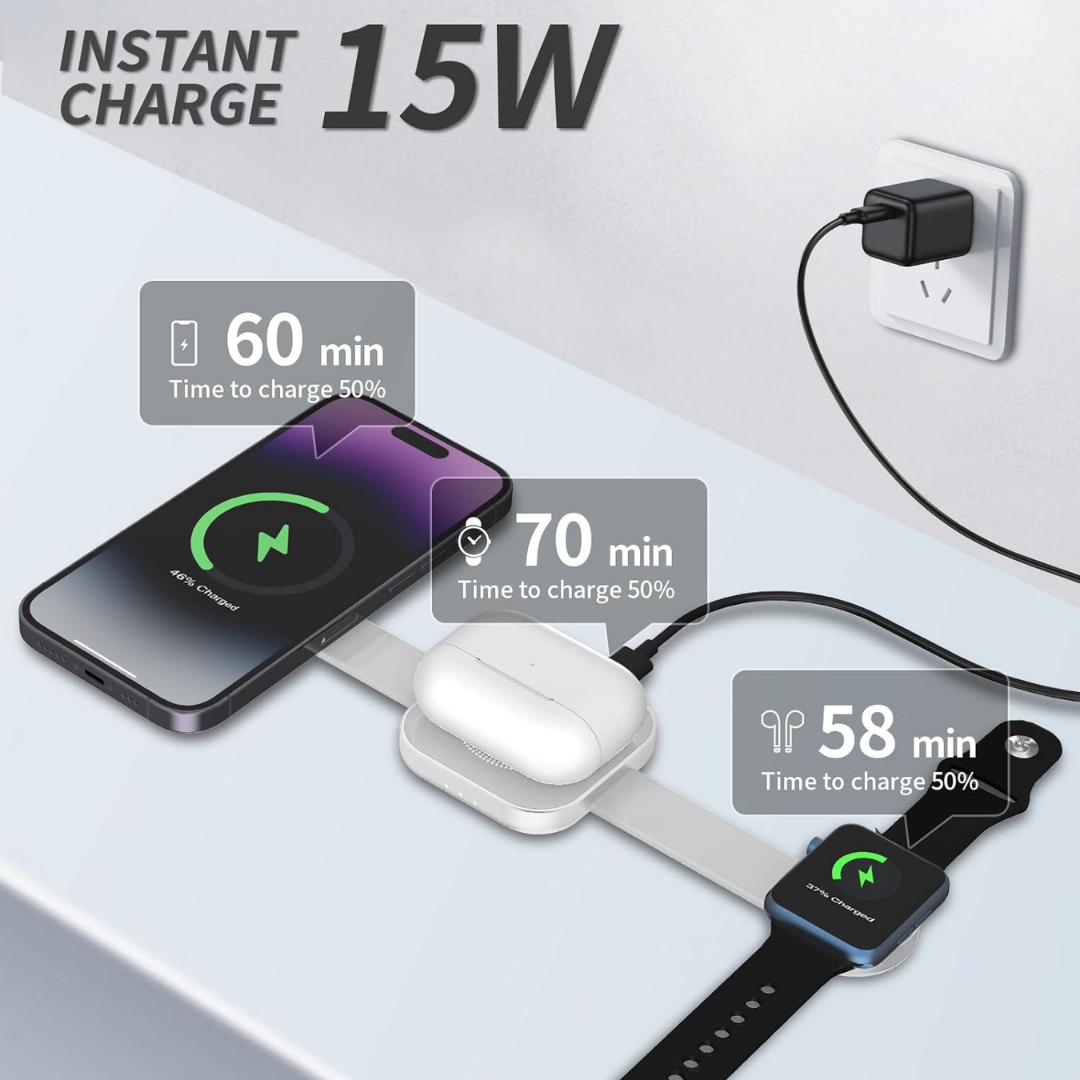 WiWU Wi-W031 Planeta Trio 3 in 1 wireless charge, 3 in 1 Wireless Charging Station for Multiple Devices, Foldable Travel Fast Wireless Charger for iPhone, Mini Magnetic Wireless Fast Charger Station for Airpods & Watch