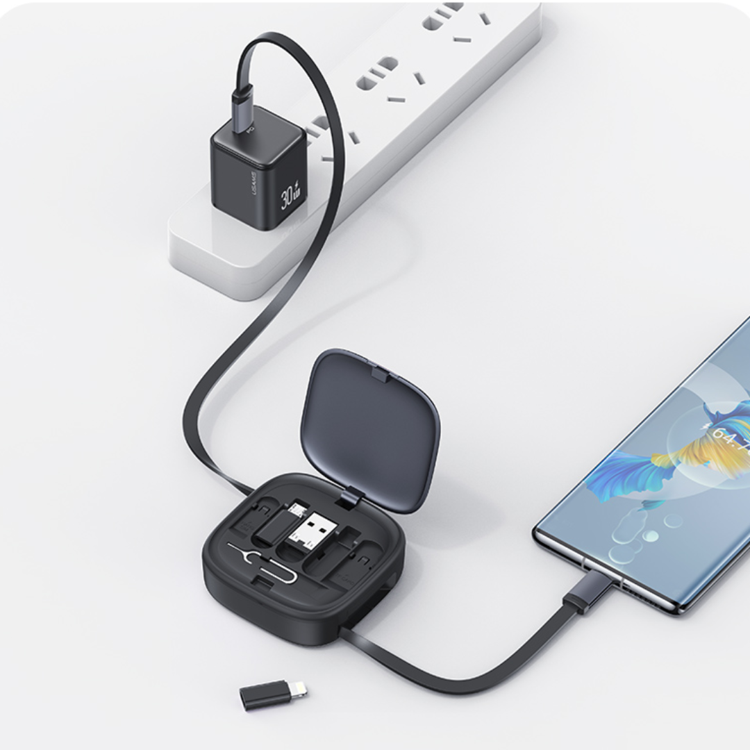 USAMS 60W Type-C to Type-C fast charging cable powering laptop and smartphone