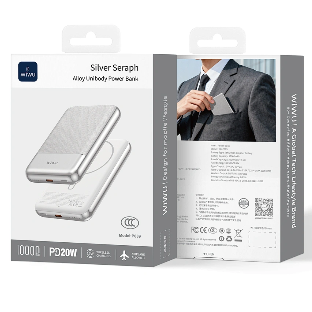 WiWU Silver Seraph 10000mAh Magnetic Power Bank | 9mm Alloy Unibody, 20W PD Fast Charging, 15W Wireless