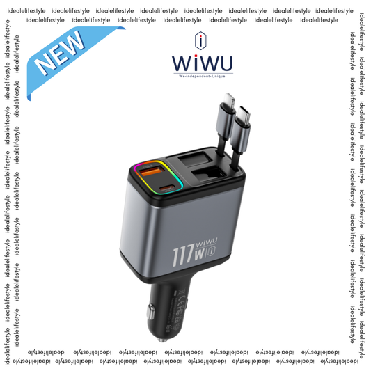 WiWU Exeed Wi-QC027 117W QC+PD Fast Car Charger with Retractable Car Charger,4 in 1 Fast Car Phone Charger 117W, 2 Retractable Cables,USB C Car Fast Charger With LED Display