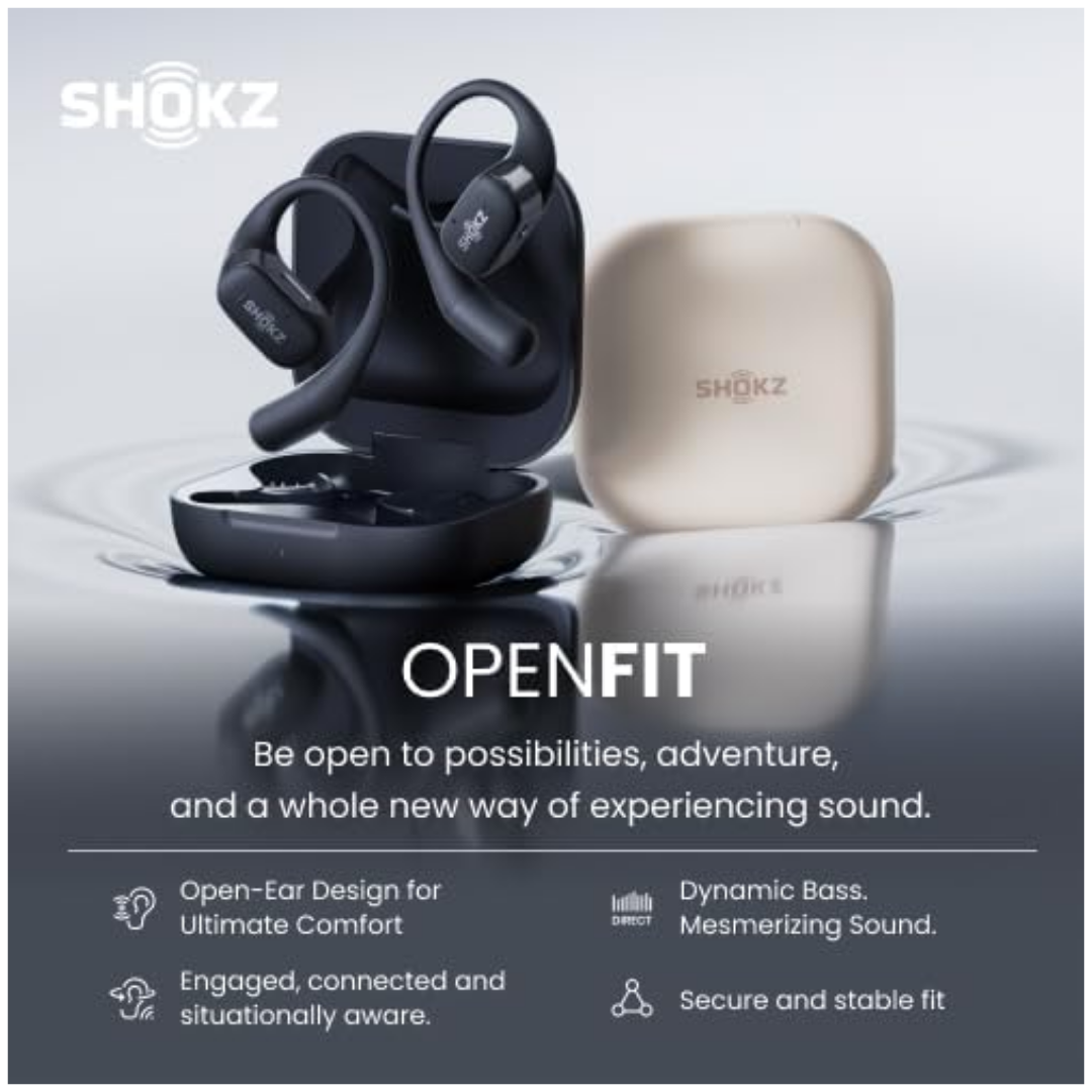 SHOKZ OpenFit - Open-Ear True Wireless Bluetooth Headphones with Microphone, Earbuds with Earhooks, Sweat Resistant, Fast Charging, 28HRS Playtime