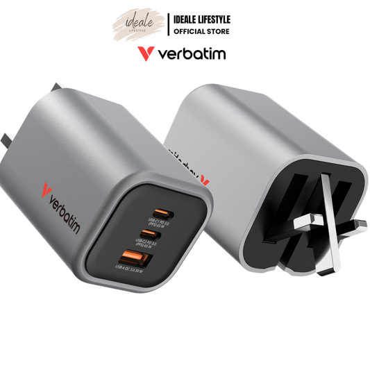 Verbatim GCF65 65W GaN Charger | 3-Port USB-C PD 3.0 & USB-A QC 3.0 | Ultra-Compact Foldable UK Plug | PPS Super Fast Charging for Laptops, Tablets & Smartphones - Buy Now!