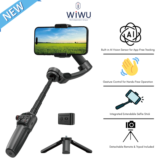 WiWU Wi-SE016 AI Smart Tripod Selfie Stick with built-in AI tracking and detachable remote for hands-free live streaming