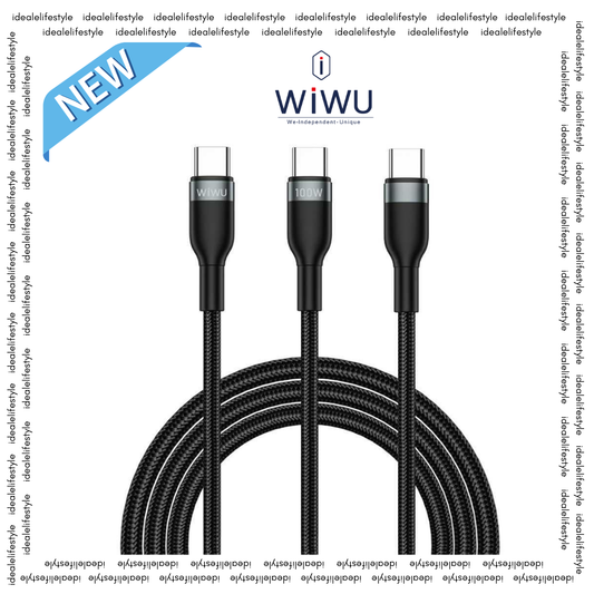 WIWU Concise Wi-C029 Multi Charging Cable - USB-C to USB-C + USB-C, 2 in1 Fast Charging Cable - Multi Chargers for All Devices, Fast Charging, 100W Black