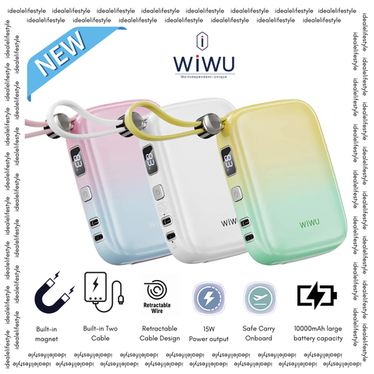 Three WiWU 10000mAh power banks in white glitter, pastel pink-blue gradient, and pastel yellow-green gradient colors, featuring built-in magnet, retractable two-wire cable design, 15W power output, and safe carry onboard battery.