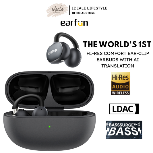 EarFun Clip 2 Black AI Translation Open Ear Earbuds Hi-Res LDAC Bluetooth 6.0 40H Battery