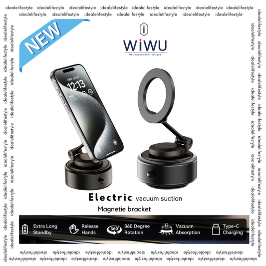 WiWU electric vacuum suction magnetic phone bracket with 360-degree rotation, shown holding a smartphone and separately without a phone. Features include extra long standby, hands-free use, vacuum absorption, and Type-C charging. WiWU logo and "NEW" label displayed.