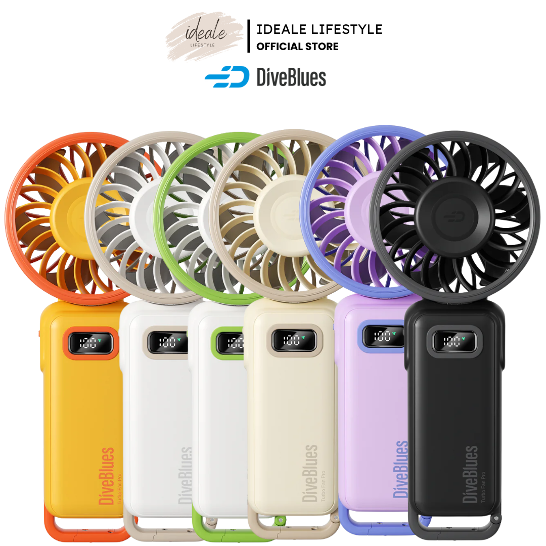 Diveblues 100-speed turbo cooling fan in a 180-degree fold-flat position.