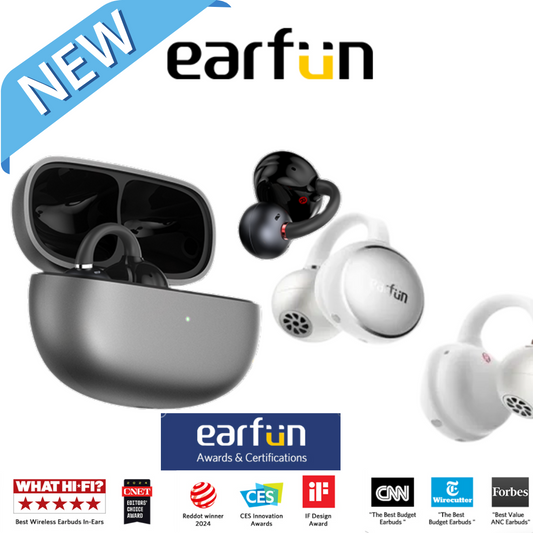Earfun wireless earbuds with charging case on a white background, featuring the brand logo and awards.