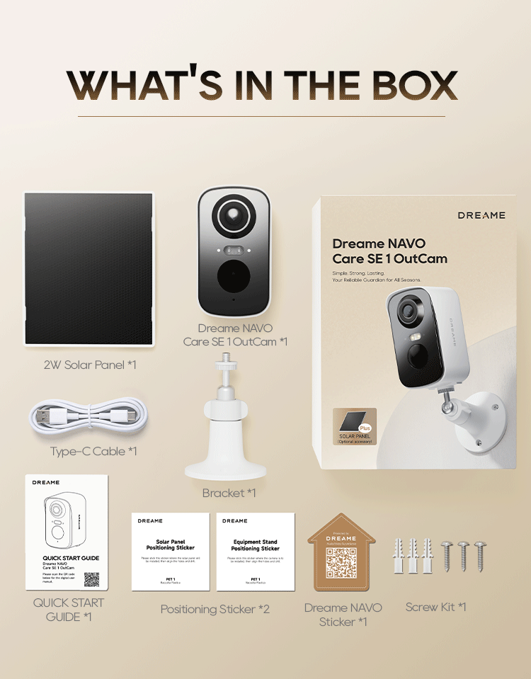 Dreame NAVO Care SE 1 OutCam Outdoor Security Camera Built-in Solar Panel HD WiFi AI Motion Detection Night Vision Two-Way Audio Weather Resistant
