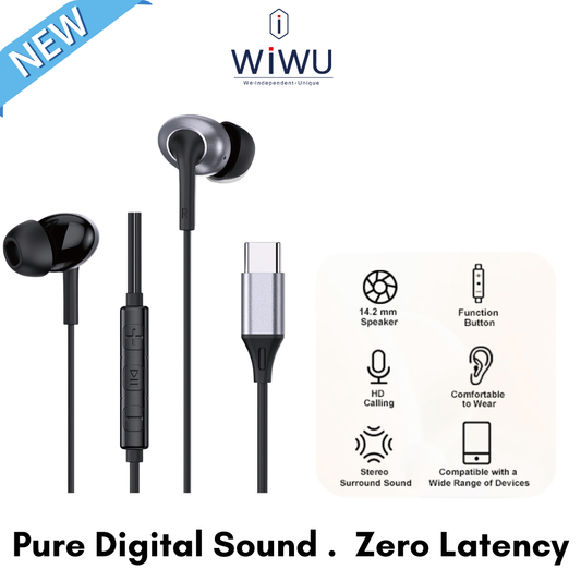 WiWU EB318 Type-C Wired Earbuds | 14.2mm Dynamic Driver Hi-Fi Stereo | Noise Canceling Mic for Clear Calls | Durable Reinforced Cable USB-C Headphones for Flagship Smartphones & Tablets