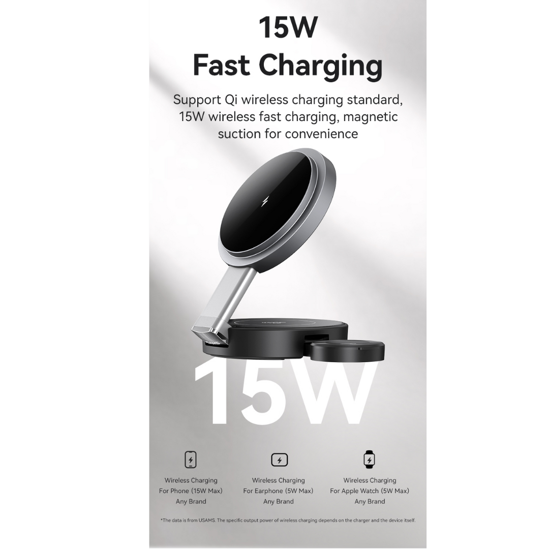 USAMS CD234 Phone / Watch / Earphone 3-in-1 Magnetic Wireless Charger Stand Foldable Fast Charging Dock