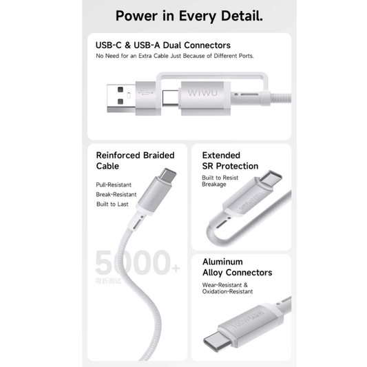 WiWU TitanLink Wi-C104 100W 2 in 1 Cable Magnetic Watch Charger Type C USB A PD 100W Fast Charge Laptop Phone Braided