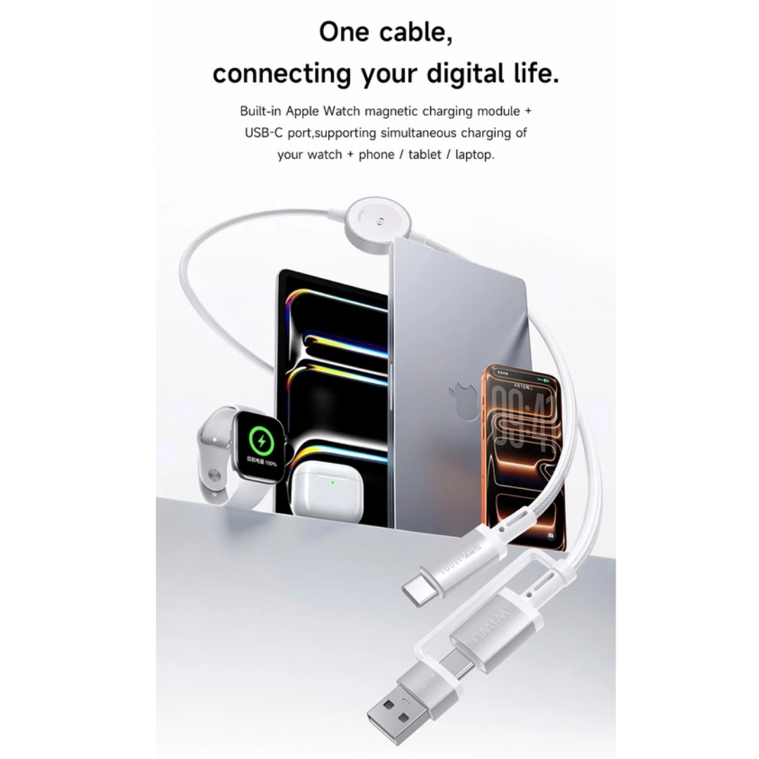 WiWU TitanLink Wi-C104 100W 2 in 1 Cable Magnetic Watch Charger Type C USB A PD 100W Fast Charge Laptop Phone Braided