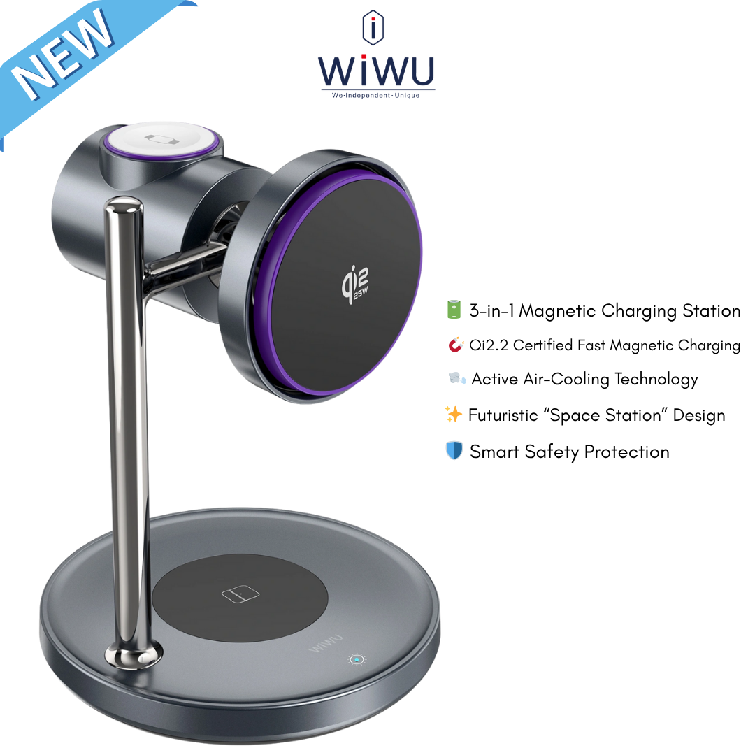 WiWU Wi-W041 3-in-1 Space Station magnetic wireless charger in black, showcasing the phone, watch, and earbud charging spots.