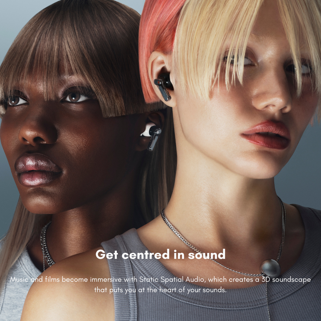 Person wearing Nothing Ear 3 earbuds outdoors with IP54 dust resistance