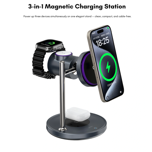 WiWU Wi-W041 3-in-1 Space Station magnetic wireless charger in black, showcasing the phone, watch, and earbud charging spots.